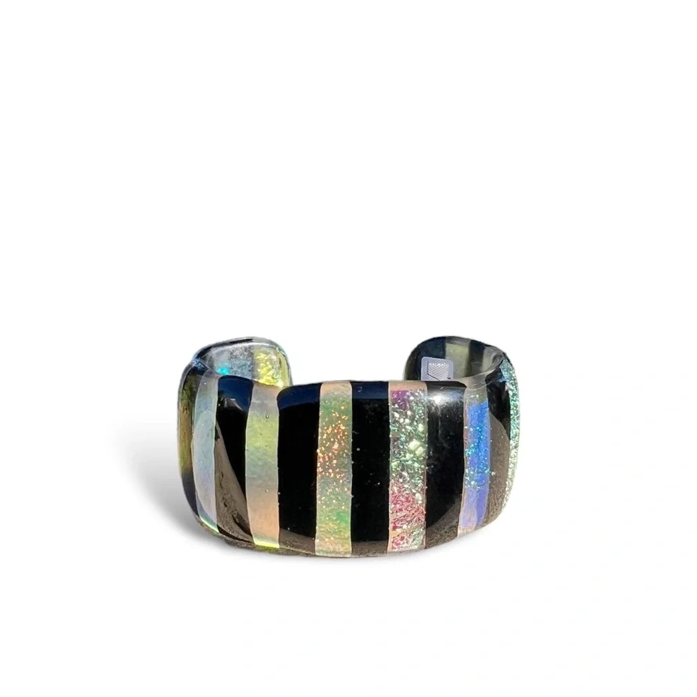 Handmade Glass Black Rainbow Dichroic Iridescent Stripe Cuff Bracelet Denmark